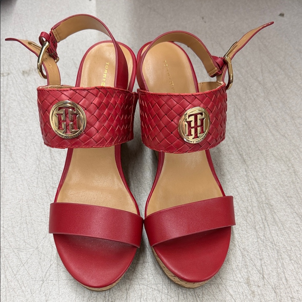 Tommy Hilfiger Woven Red Sandals with Gold Accents